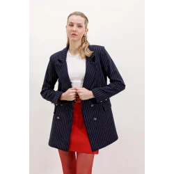 Lacivert Çift Düğmeli Çizgili Blazer Ceket 0699