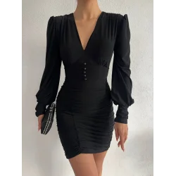 Lastikli Düğmeli V Yaka Sandy Mini Elbise -Siyah