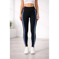 Likralı Yan Beyaz Mavi Şeritli Detaylı Tayt - Siyah