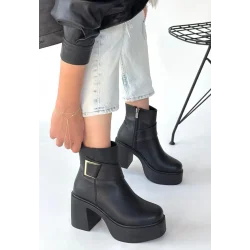 Lonji Siyah Cilt Topuklu Bot
