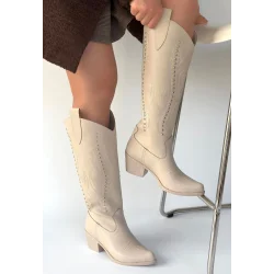 Meof Bej Cilt Topuklu Çizme