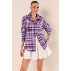 Mor Beyaz Kareli Desenli Oversize Uzun Basic Gömlek 3900