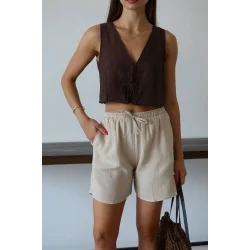 Müslin kumaş şort bağcıklı bej pt