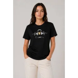 Müzik Temalı Baskılı Tişört Bisiklet Yaka Kısa Kol T-Shirt - Siyah