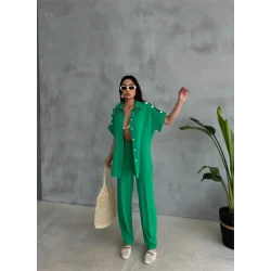 OMUZ MİDYE SIRALI BLUZ - PAÇA PENSLİ PANTOLON TAKIM - Yeşil