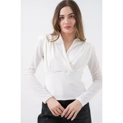Omuz Vatkalı Kruvaze Yaka Bluz 942 - Beyaz