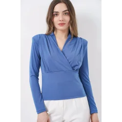 Omuz Vatkalı Kruvaze Yaka Bluz 942 - İndigo