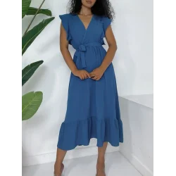 Omuzları Fırfırlı Sıfır Kol Beli Lastikli Bağcıklı Ayrobin Elbise -Koyu Mavi