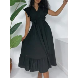 Omuzları Fırfırlı Sıfır Kol Beli Lastikli Bağcıklı Ayrobin Elbise -Siyah