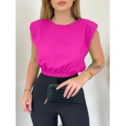 Omuzları Vatkalı Beli Lastikli  Bluz -Fuşya