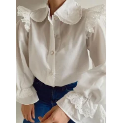 Omuzu Fırfırlı Fistolu Kolu Lastikli Düğmeli Gömlek -Beyaz