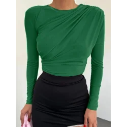 Omuzu Pileli Yanı Büzgülü Sandy Bluz      -Orman Yş.