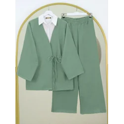 Önden Bağlamalı Pantolonlu Kimono Takım-Mint
