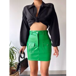 Önden iki cepli deri etek yeşil h240040