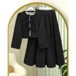 Önü Bağcıklı Etekli Kaşe Takım  -Siyah