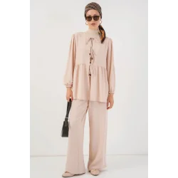 Önü Bağcıklı Tunik Pantolon İkili Takım 6744 - Krem