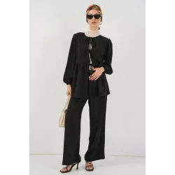 Önü Bağcıklı Tunik Pantolon İkili Takım 6744 - Siyah