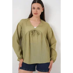 Önü Bağcıklı Uzun Kol Bluz 946 - Çağla