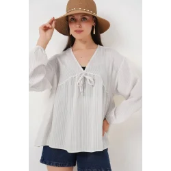 Önü Bağcıklı Uzun Kol Bluz 946 - Ekru