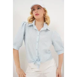 Önü Bağlamalı Çizgili Gömlek 20323 - Mavi