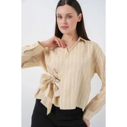 Önü Bağlamalı Çizgili Gömlek 20362 - Bej