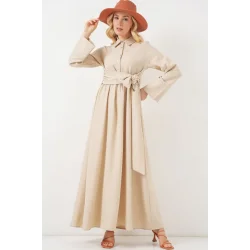 Önü Bağlamalı Keten Elbise 2574 - Bej