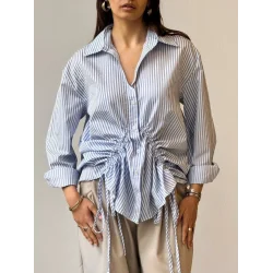 Önü büzgü detaylı çizgili gömlek