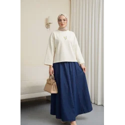 Önü Çiçek Nakışlı Yuvarlak Yaka Salaş Penye Tunik   -Ekru