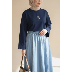 Önü Çiçek Nakışlı Yuvarlak Yaka Salaş Penye Tunik  -Laci