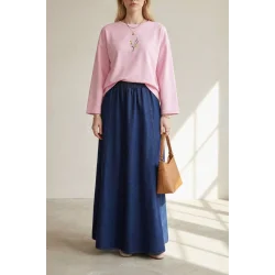 Önü Çiçek Nakışlı Yuvarlak Yaka Salaş Penye Tunik  -Pembe