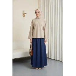 Önü Çiçek Nakışlı Yuvarlak Yaka Salaş Penye Tunik   -Taş