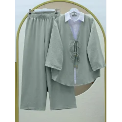 Önü Çift Bağlamalı Pantolonlu Kimono Takım  -Mint