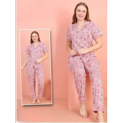 Önü Düğmeli V Yaka Kısa Kollu Pijama Takımı -Pembe