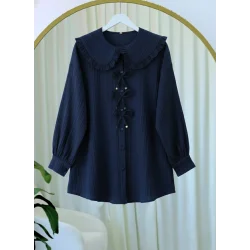 Önü Kurdele Detaylı Düğmeli Önlük Yaka Gömlek  -Laci