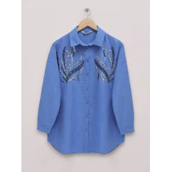 Önü Pul Payetli Uzun Gömlek  -İndigo