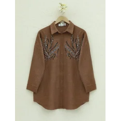 Önü Pul Payetli Uzun Gömlek    -Kahve