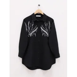 Önü Pul Payetli Uzun Gömlek -Siyah