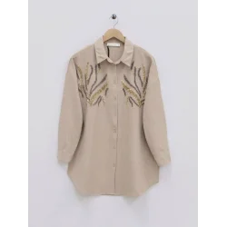 Önü Pul Payetli Uzun Gömlek -Vizon