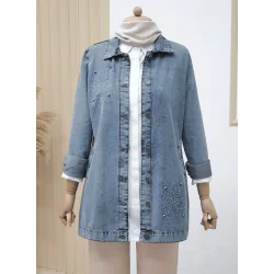 Önü Taş Detaylı Çift Cepli Kot Ceket   -Buz Mavi