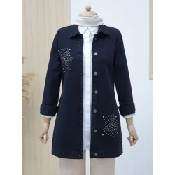 Önü Taş Detaylı Çift Cepli Kot Ceket -Siyah