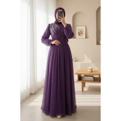 Önü Taş Detaylı Drapeli Kemerli Tül Abiye     -Mor