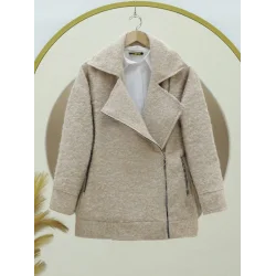 Önü Ve Cebi Fermuarlı Astarlı Buklet Ceket -Bej