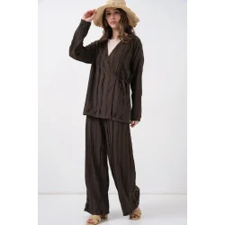 Örme Kimono Pantolon İkili Takım 30067 - Kahverengi