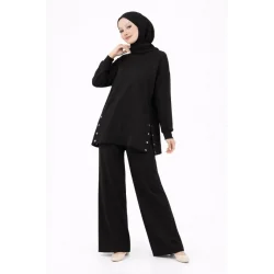 Osy Modal Yumuşak Dokulu Kumaş Modern Tesettür Takım Yandan Metal Çıtçıtlı Uzun Tunik Pantolon Set Salaş Kalıp - Siyah