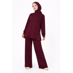 Osy Modal Yumuşak Dokulu Kumaş Modern Tesettür Takım Yandan Metal Çıtçıtlı Uzun Tunik Pantolon Set Salaş Kalıp - Bordo