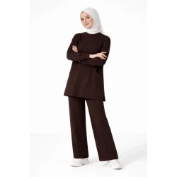 Osy Modal Yumuşak Dokulu Kumaş Tesettür Cepli Tunik Pantolon Takım - Kahverengi