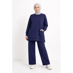 Osy Modal Yumuşak Dokulu Kumaş Tesettür Cepli Tunik Pantolon Takım - Lacivert