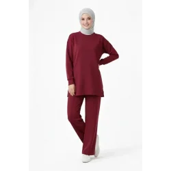 Osy Modal Yumuşak Dokulu Tesettür İkili Takım Yan Yırtmaçlı Uzun Tunik Ve Düz Paça Pantolon, Salaş Kalıp - Bordo