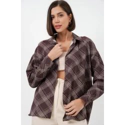 Oversize Desenli Gömlek 20372 - Kahverengi