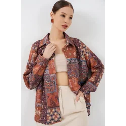 Oversize Desenli Saten Gömlek 20365 - Kiremit